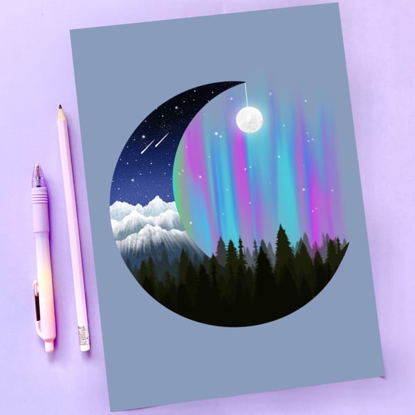 Seconds Sunday, The Moon and the Northern Lights A4 Art Print.