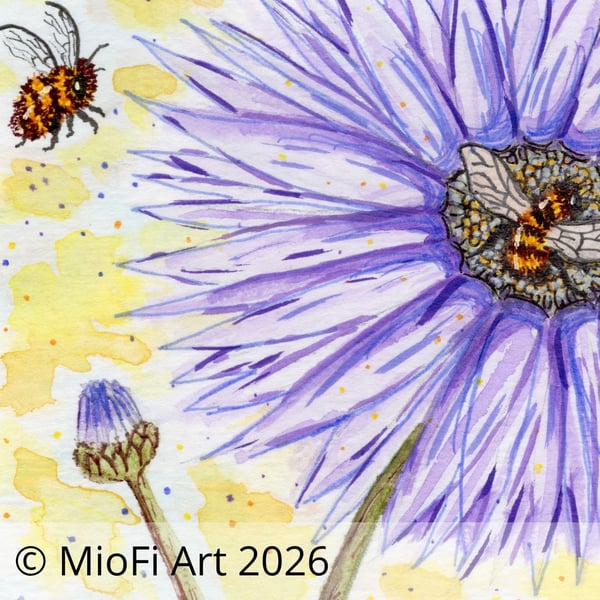 Purple bee, Mixed-Media Square Print, Size Small (other size available)