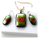 Dichroic Glass 112 Pendant Earring Set Golden Red Gold Plated Chain