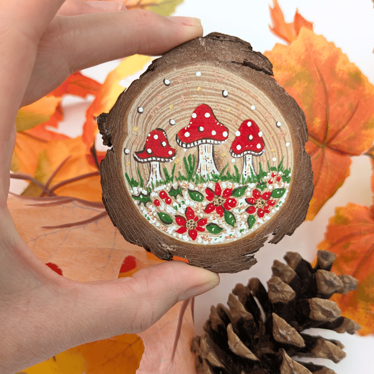 Toadstool hand-painted log slice magnet