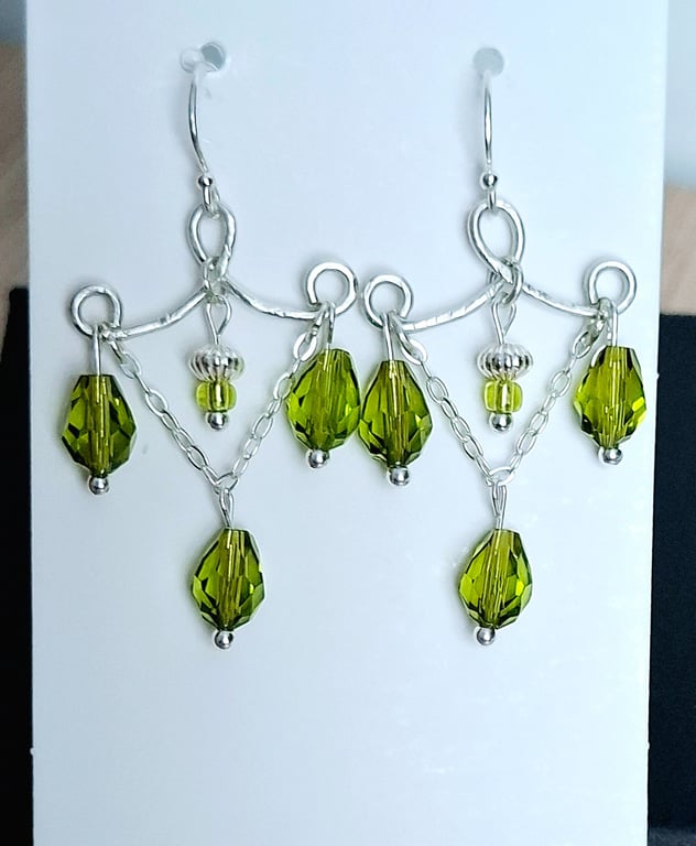 Hammered Chandelier Earrings, Sterling Silver & Olive Green Glass Beads Dangles