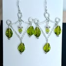 Hammered Chandelier Earrings, Sterling Silver & Olive Green Glass Beads Dangles