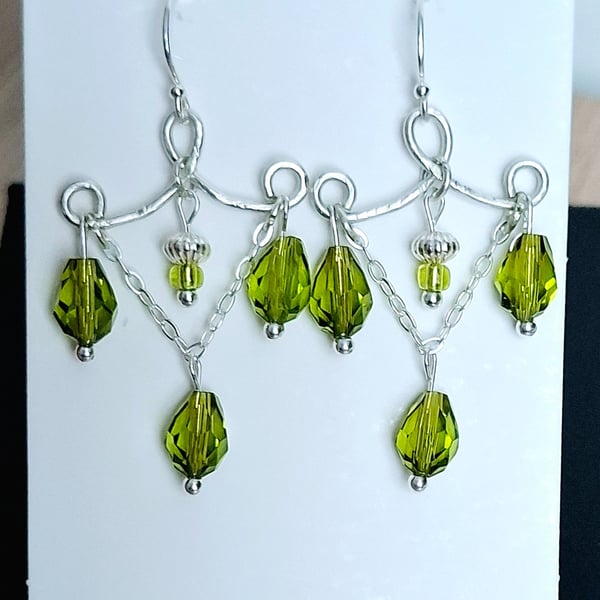 Hammered Chandelier Earrings, Sterling Silver & Olive Green Glass Beads Dangles