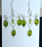 Hammered Chandelier Earrings, Sterling Silver & Olive Green Glass Beads Dangles