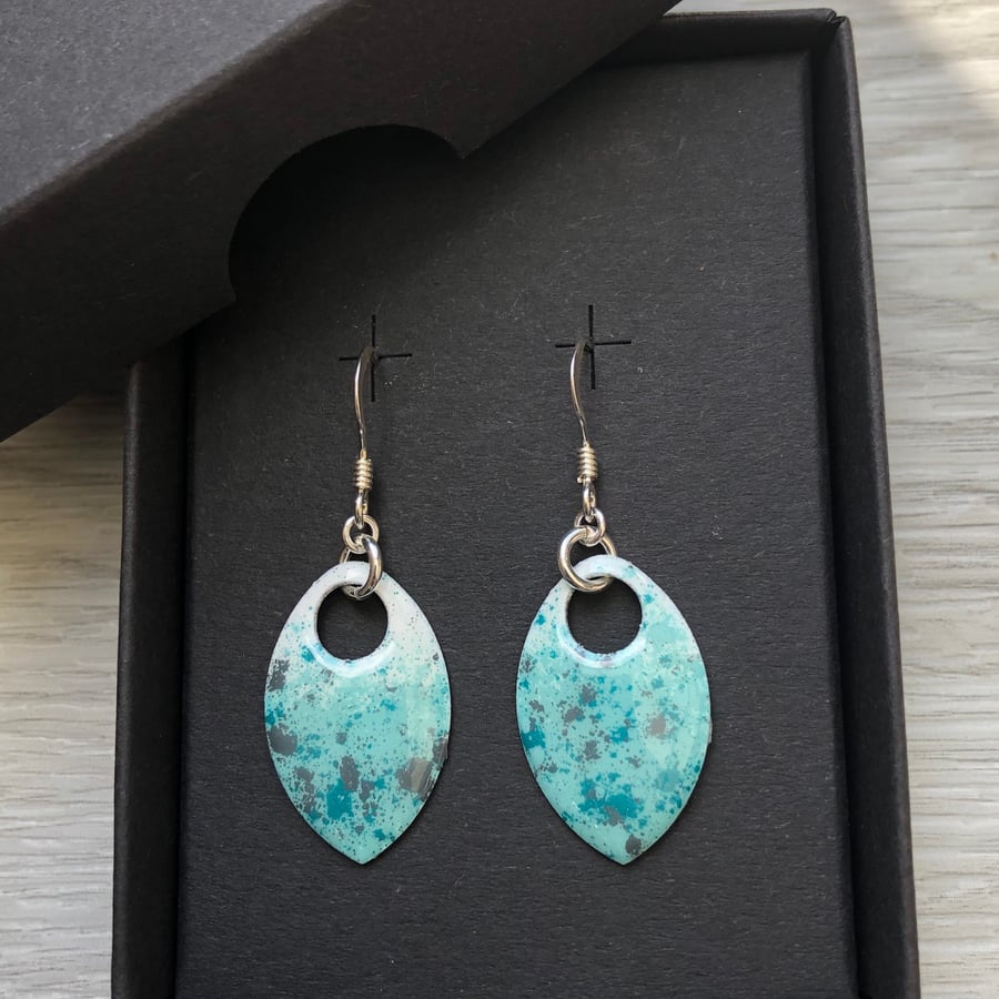 White, turquoise and touch of grey enamel scale earrings. Sterling silver. 