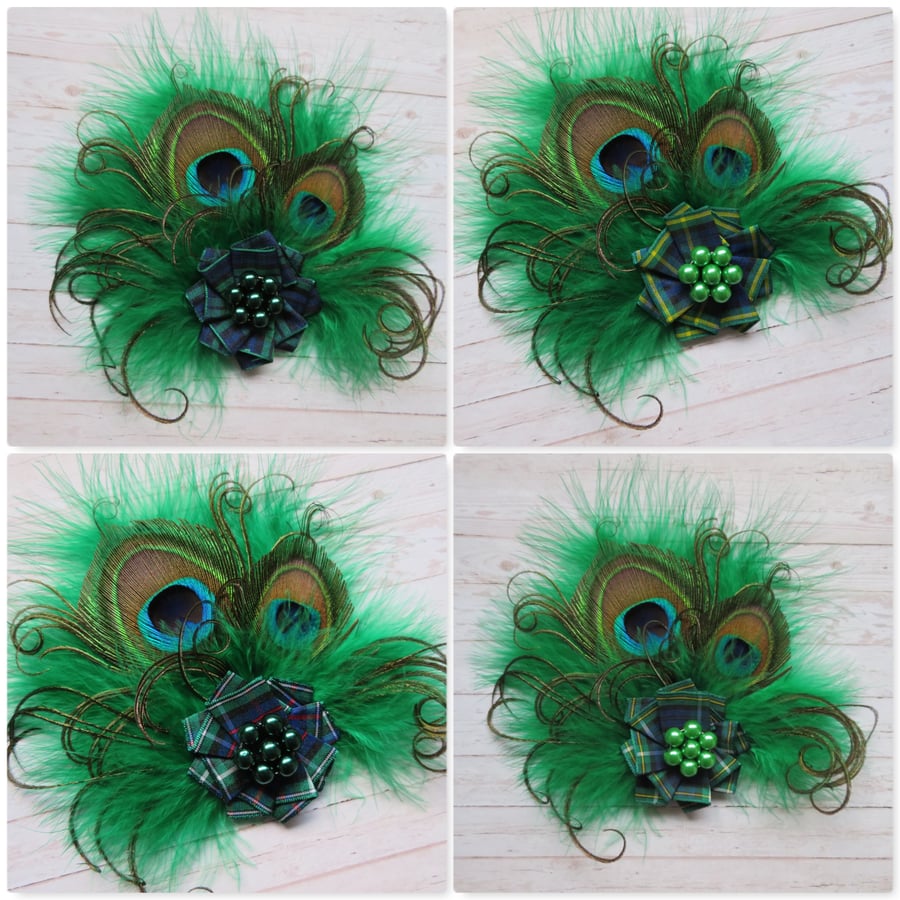 Emerald Green Peacock Feather & Tartan Rustic Vintage Hair Clip Fascinator