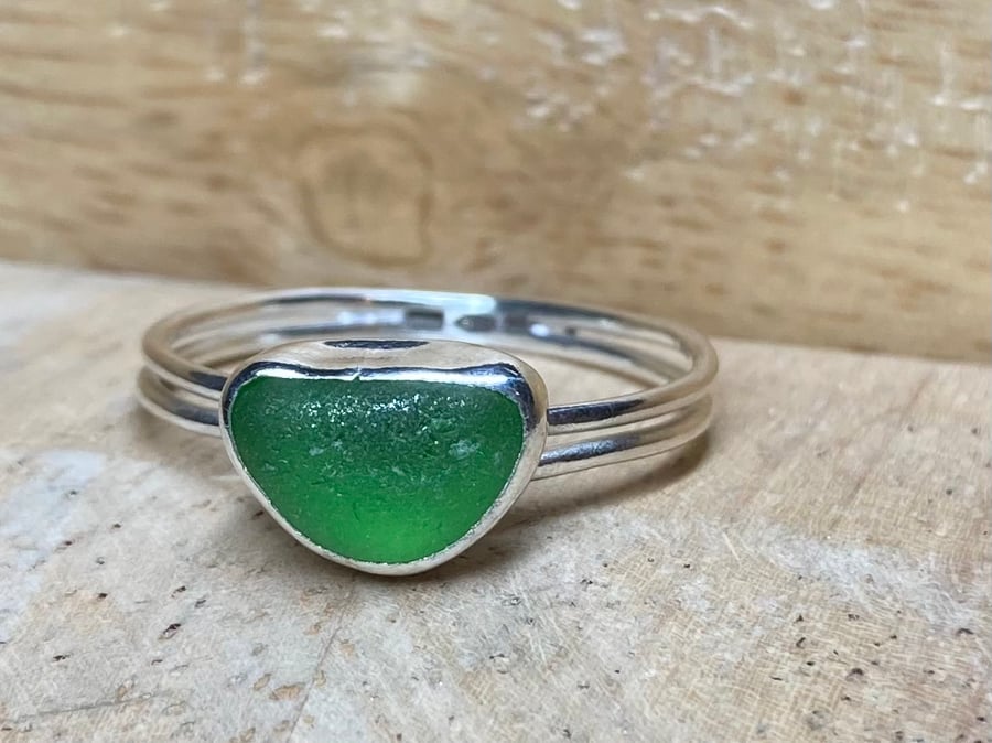 Handmade Sterling & Fine Silver Ring with Green Welsh Sea-Glass