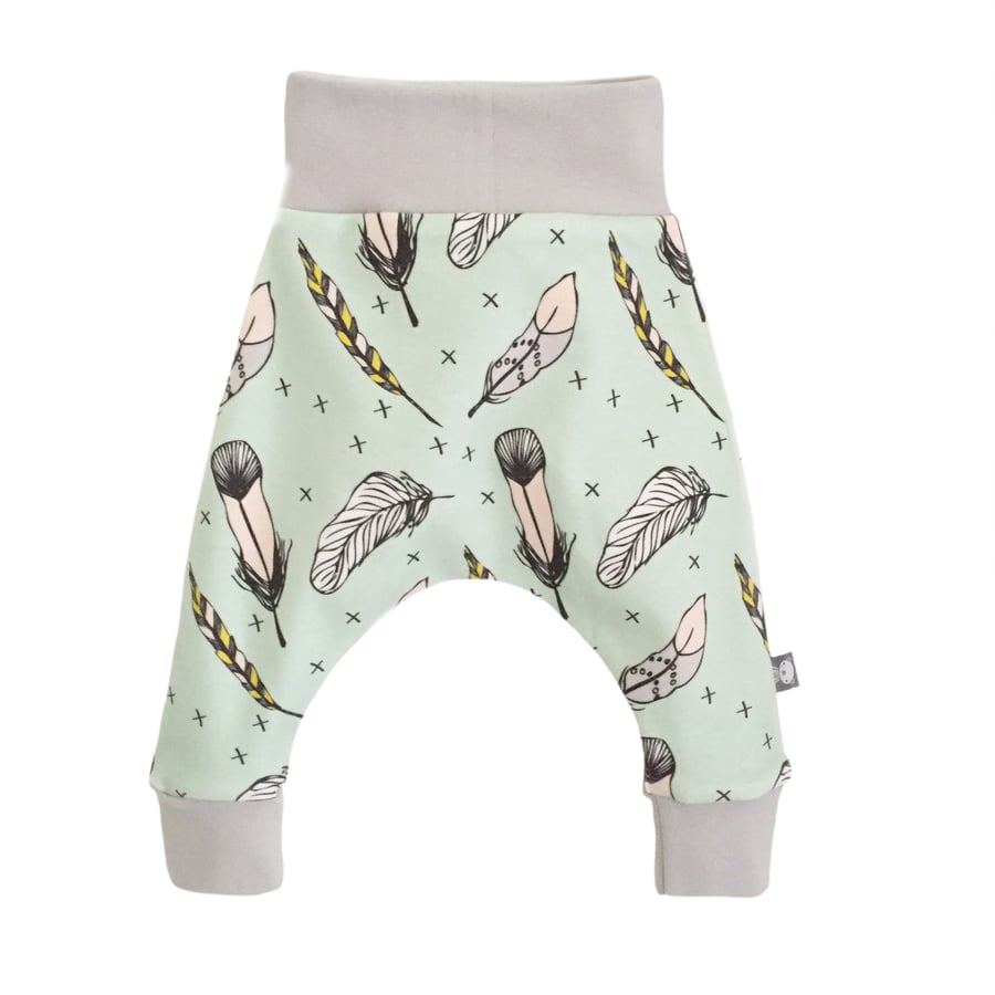 ORGANIC Baby HAREM PANTS Relaxed Trousers MULTI FEATHERS on Mint Baby Gift Idea