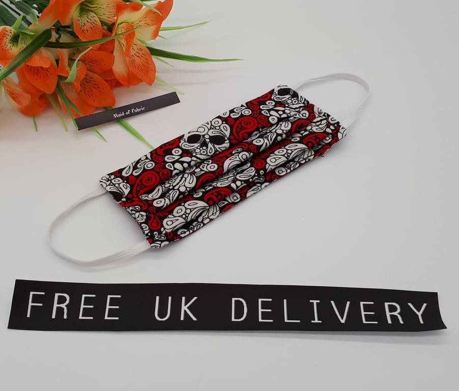 Face mask, small,  3 layer,  machine washable in skulls fabric 