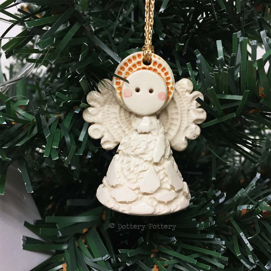 Teeny little ceramic angel Christmas decoration cream lace design pottery angel