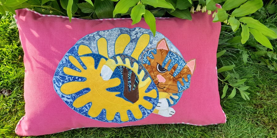 'Cat Nap Cushion', Large, Pillow Sized, Appliqued, Cat Lover, Gift.