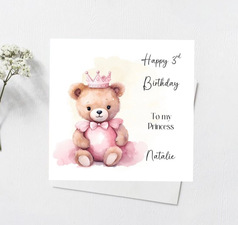 Teddy Bear Princess Birthday card For Girl Happy Birthday Daughter Granddaughter