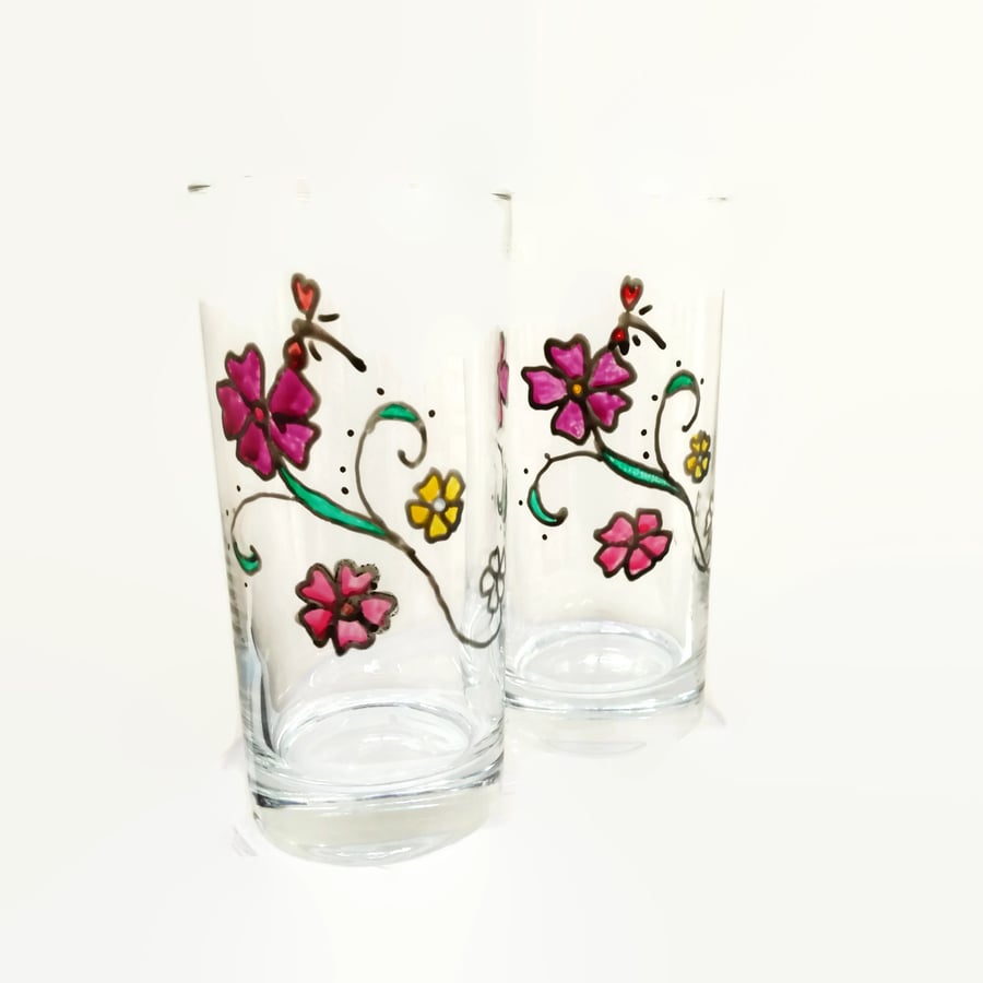 2 x Floral Drinking Glasses - Dishwasher Safe