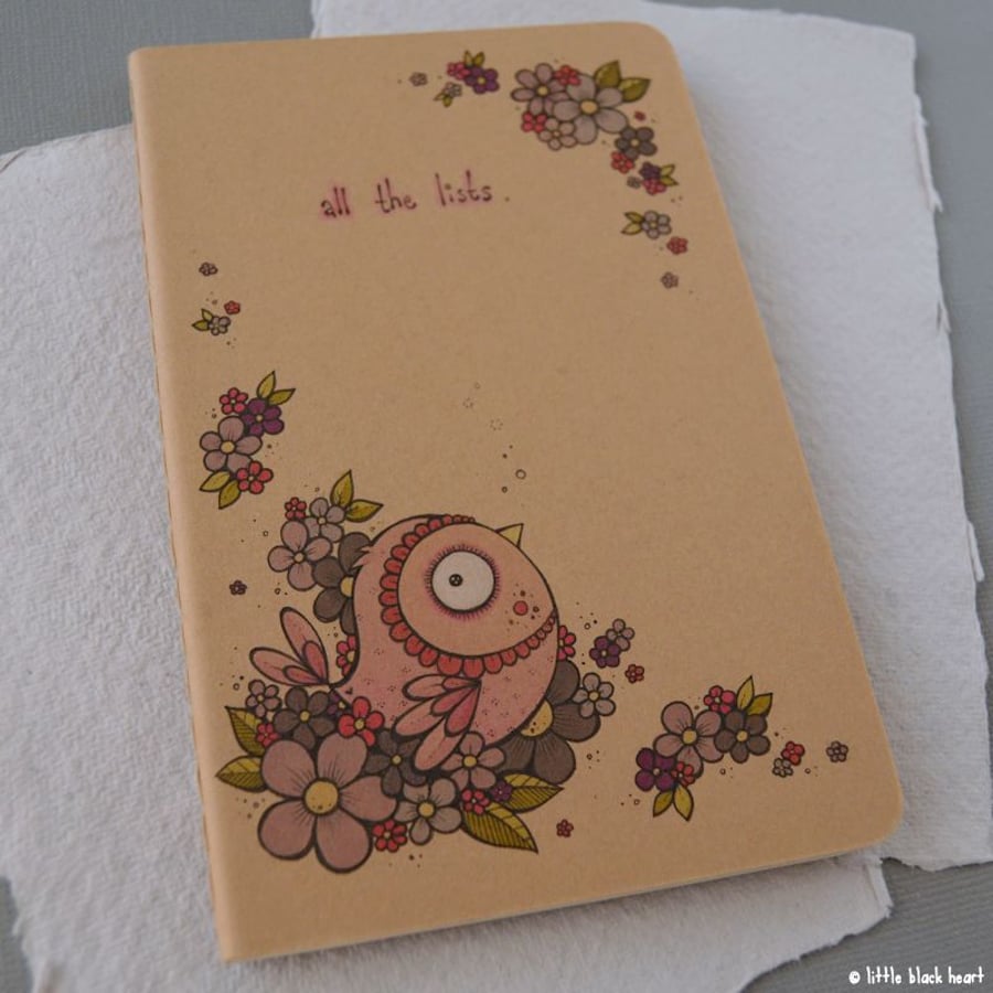 pocket notebook with original illustration - pink flowerbird