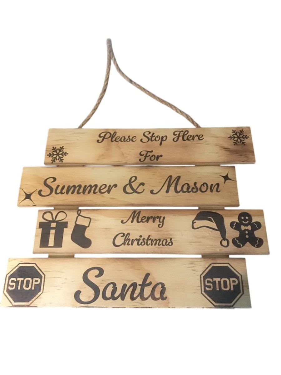 Personalised Wooden Christmas Sign – "Please Stop Here For" – Custom Rustic Fest