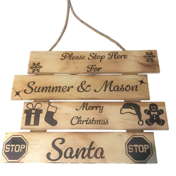 Personalised Wooden Christmas Sign – "Please Stop Here For" – Custom Rustic Fest