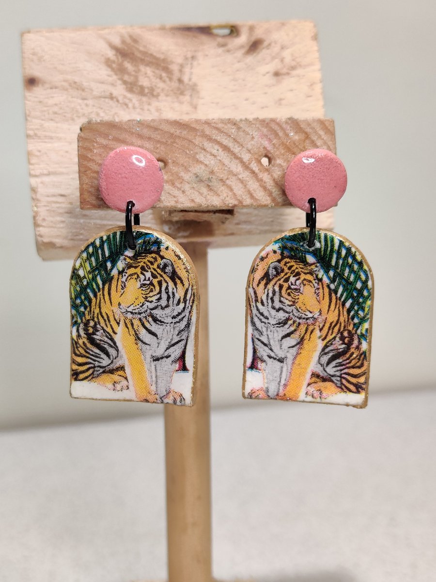 Pink tiger polymer clay earrings- prototype 