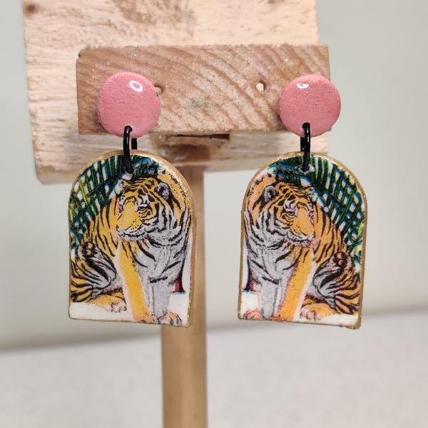 Pink tiger polymer clay earrings- prototype 