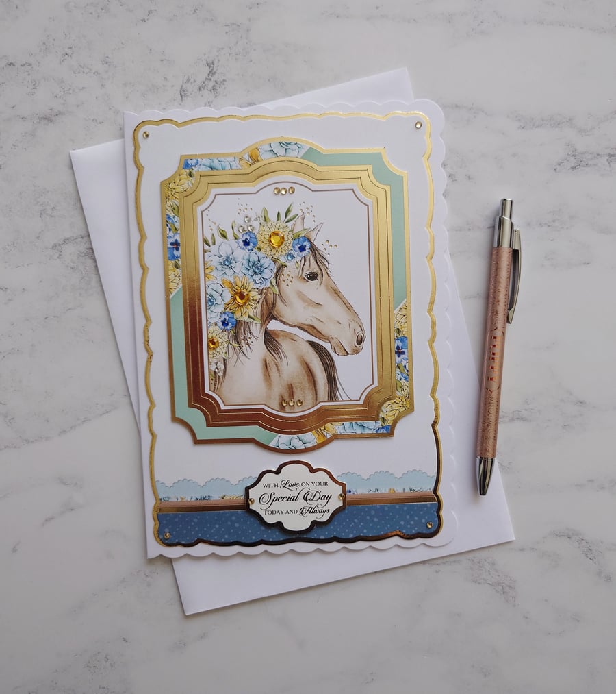 With Love On Your Special Day Horse Flowers 3D Luxury Handmade Card