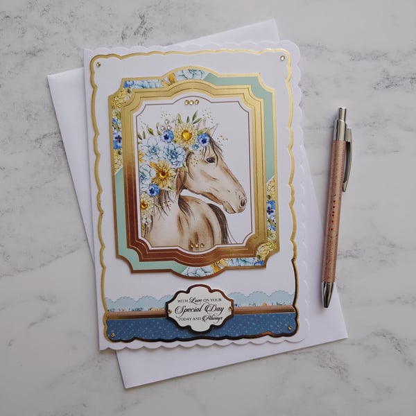 With Love On Your Special Day Horse Flowers 3D Luxury Handmade Card