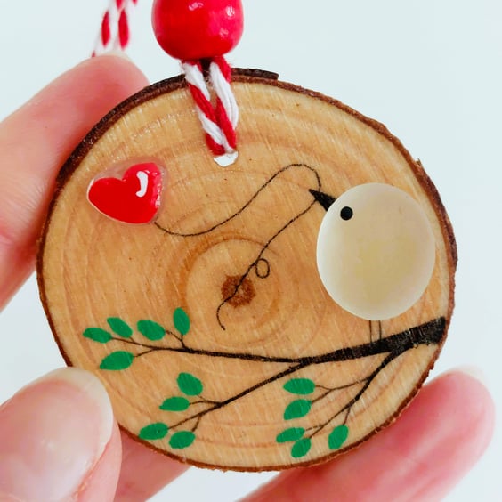 Sea Glass Art Bird Hanging Decoration - Beach Glass Wooden Ornament Gift Idea