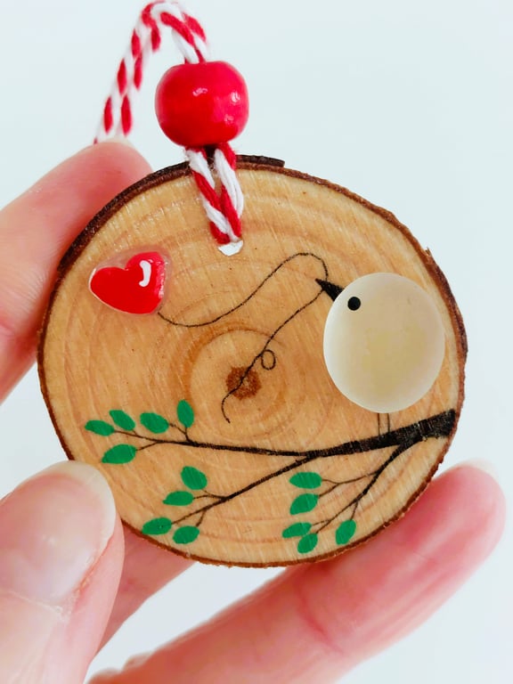 Sea Glass Art Bird Hanging Decoration - Beach Glass Wooden Ornament Gift Idea