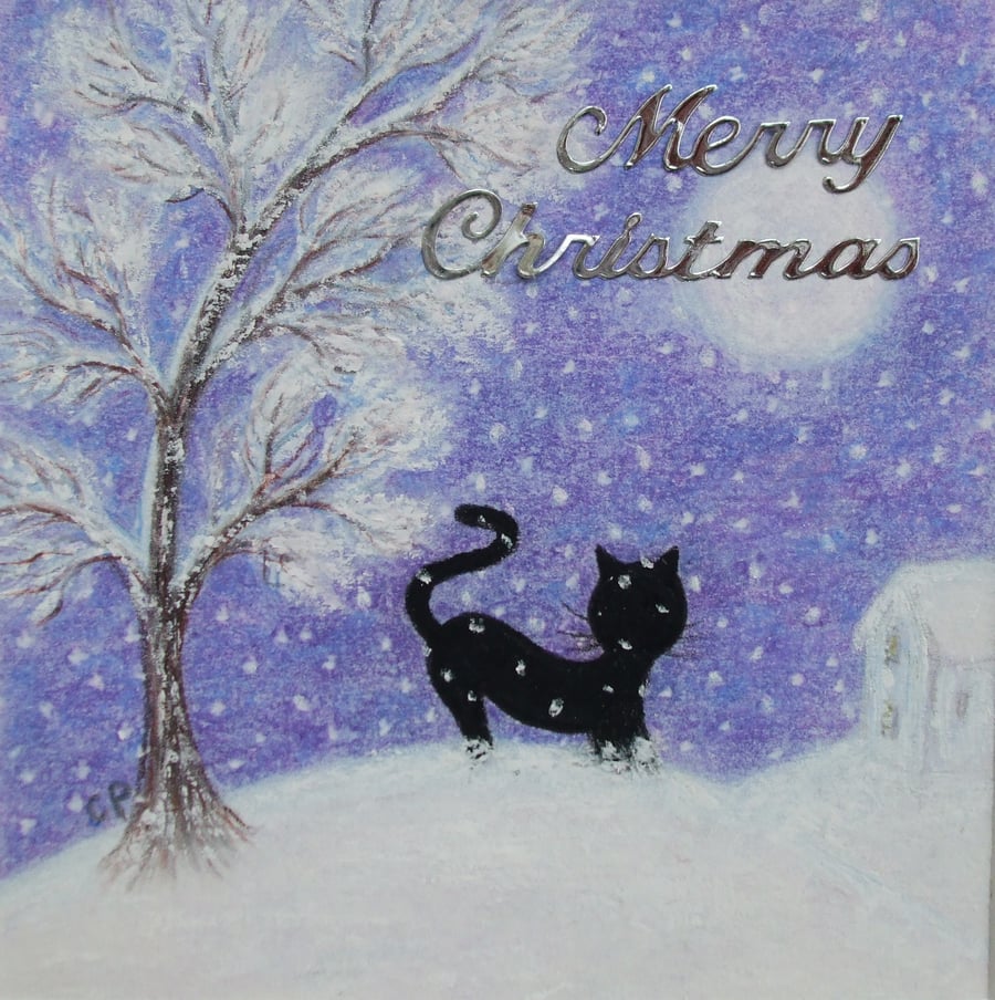 Cat Christmas Card, Purple Cat Card, Christmas Black Cat Snow Art Card, Tree 