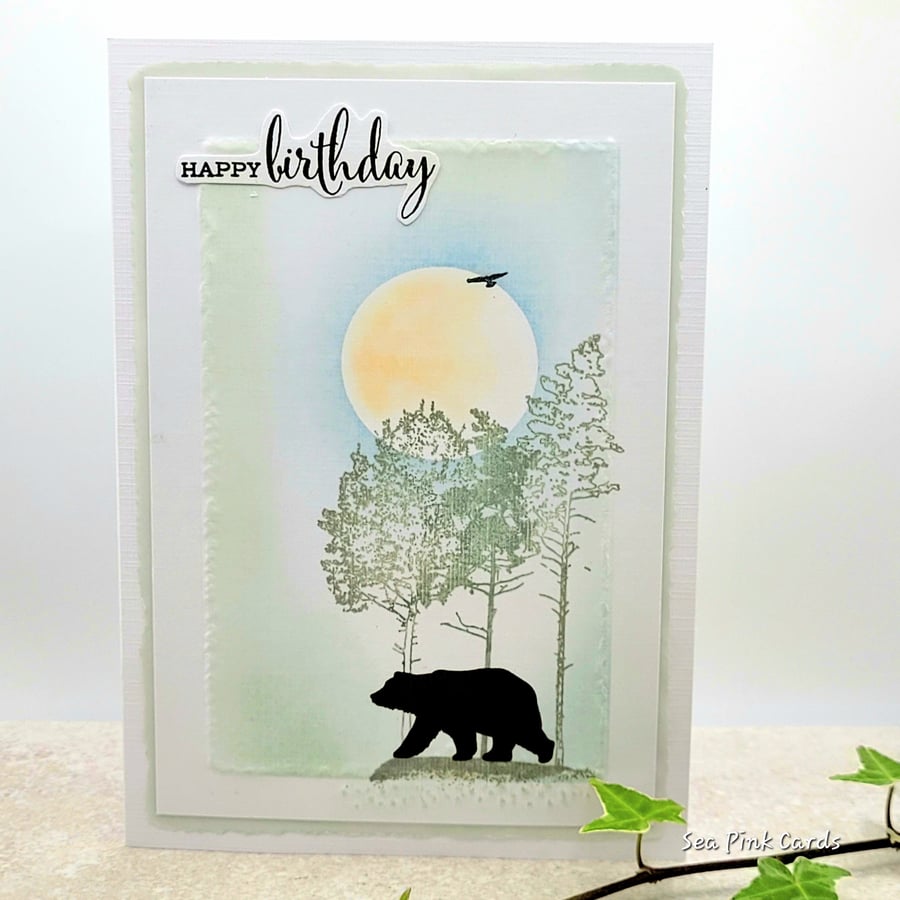 Birthday Card - nature scene, bear, moon, trees, blank for message