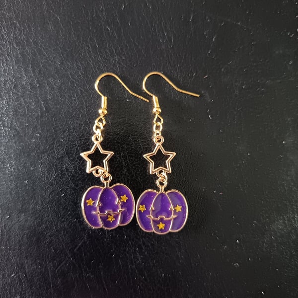 Purple pumpkin and star dangle earrings 