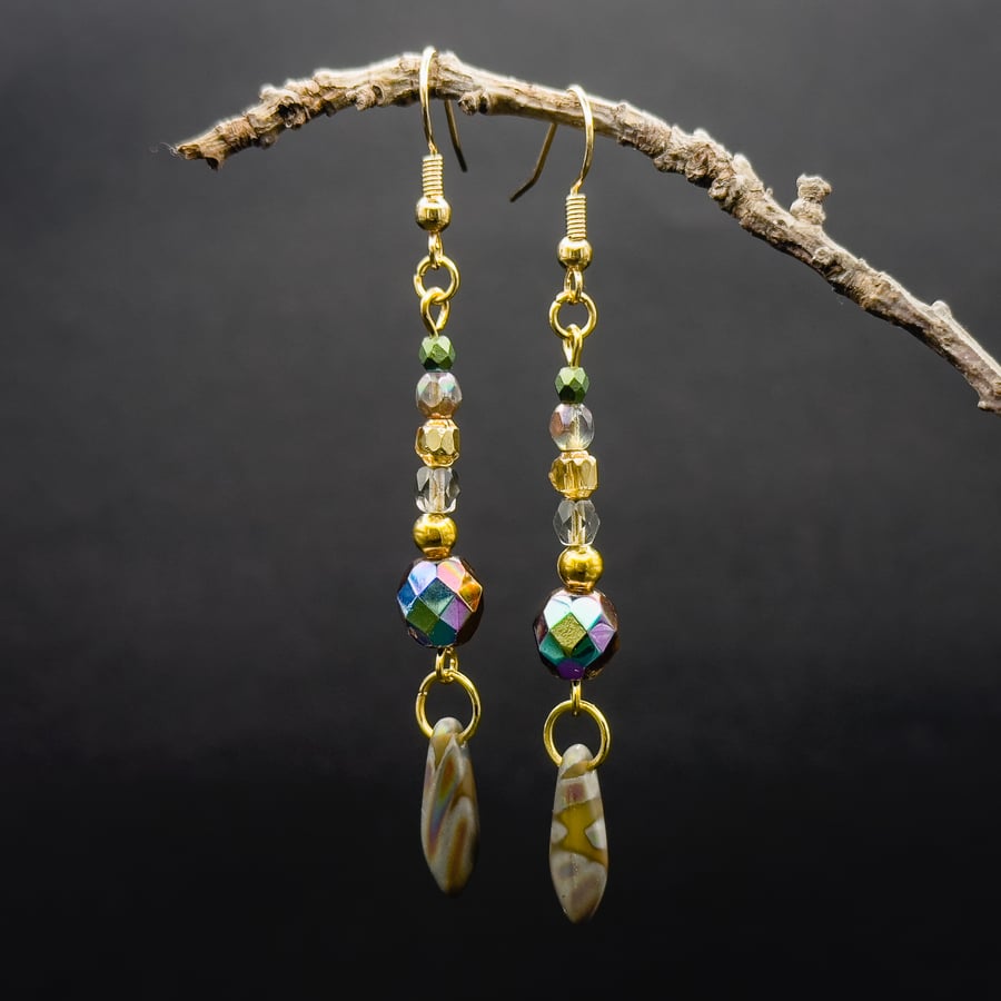 Gold Plated Drop Earrings with Mixed Glass and Metal Beads with Metallic Accents