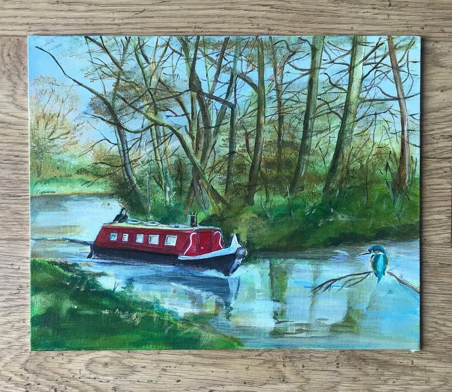 Canal Boat and Kingfisher Acrylic Painting, Original