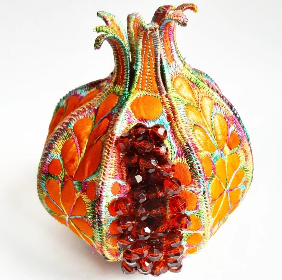 Pomegranate Textile Art Machine Embroidery Vibrant Colourful Hand Dyed 3D