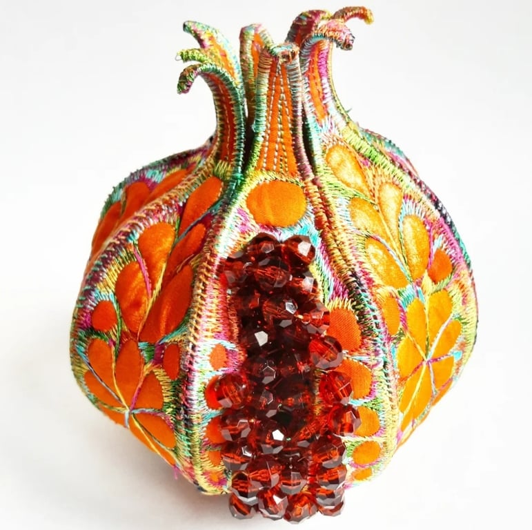 Pomegranate Textile Art Machine Embroidery Vibrant Colourful Hand Dyed 3D