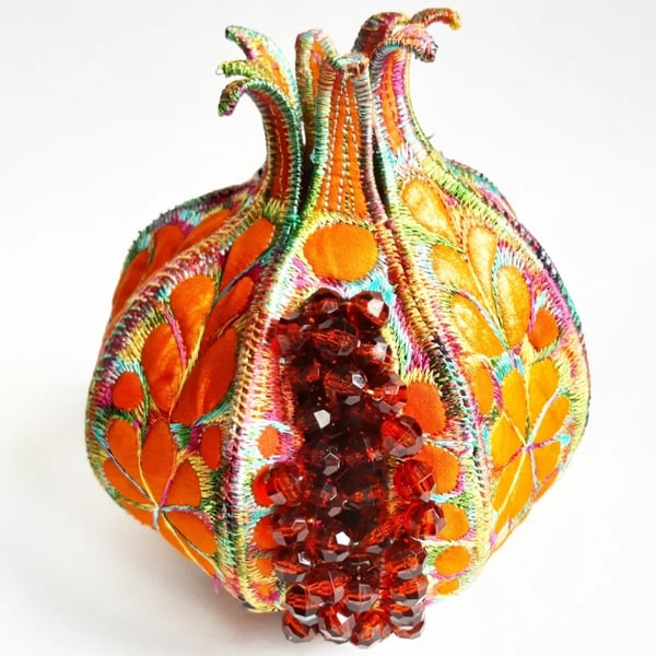 Pomegranate Textile Art Machine Embroidery Vibrant Colourful Hand Dyed 3D