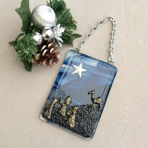 Handmade Fused Glass Three Wise Men Hanging Decoration - Nativity Picture