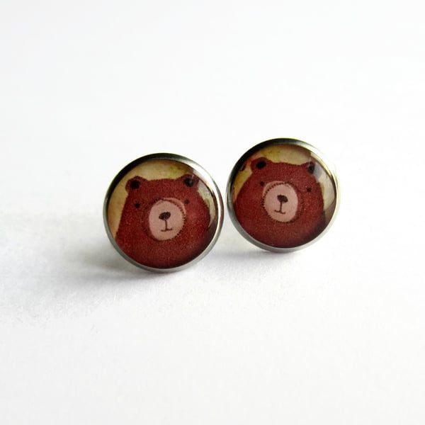 Cute Brown Bear Stud Earrings - Hypoallergenic Surgical Steel