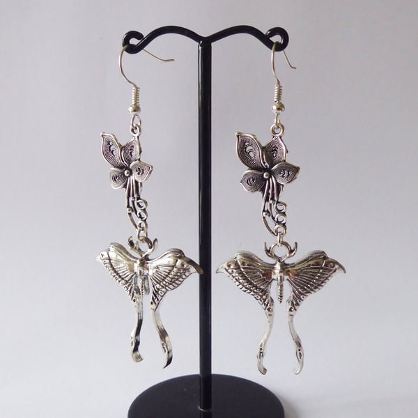 Flower Charm with Luna Moth Earrings & silver plated ear wires