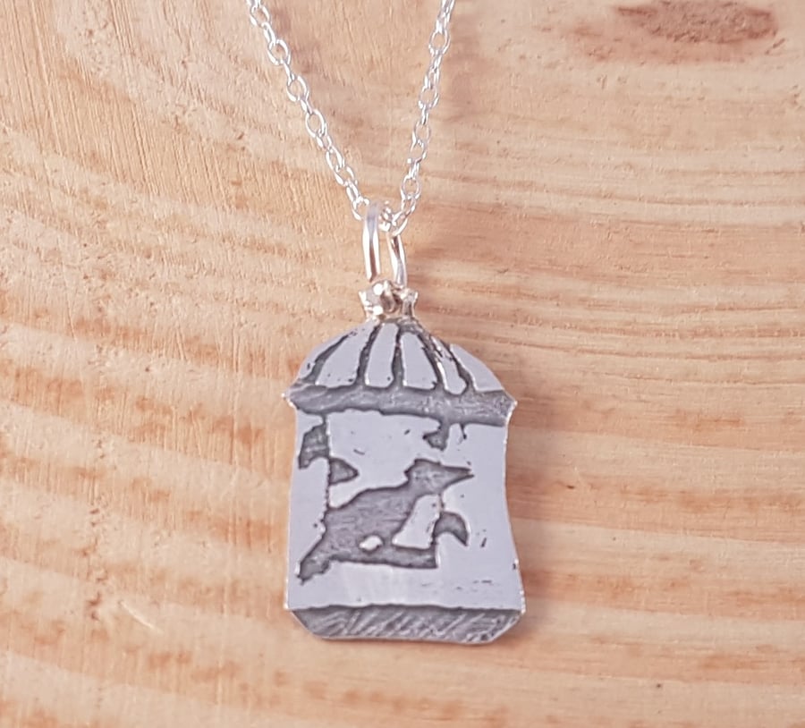 Sterling Silver Etched Birdcage Necklace