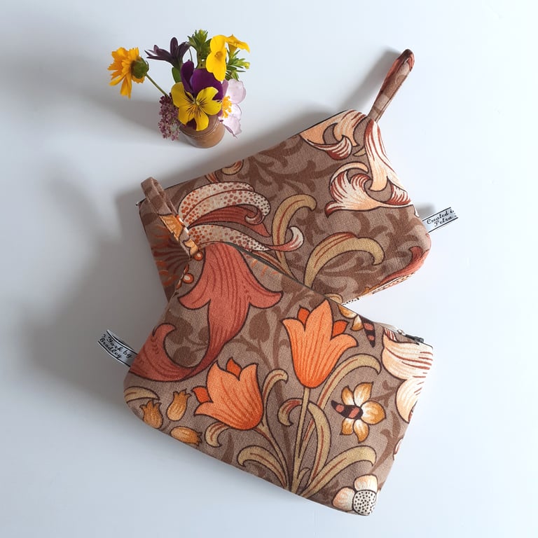Make up or toiletries bag in a vintage Morris and Co autumnal Golden Lily print.