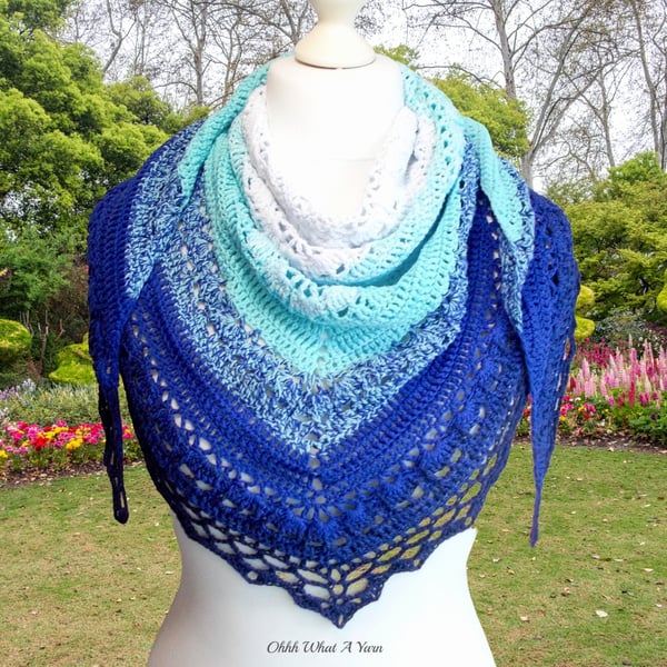 Crochet ombre lace cotton shawl in shades of blue, turquoise and white.