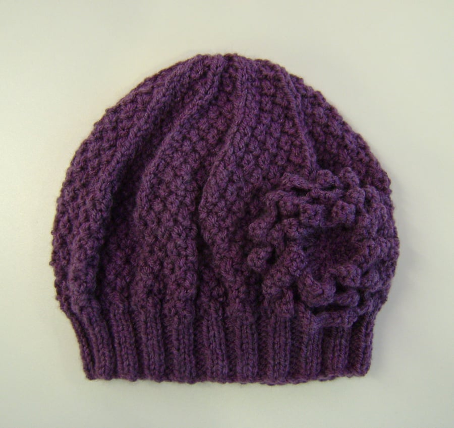 Beanie Hat in Heather Purple With Detachable Flower Brooch Hand Knitted 