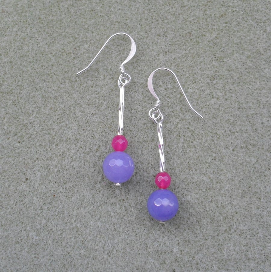 Deep Pink and Lilac Dangle Silver Plated Earrings