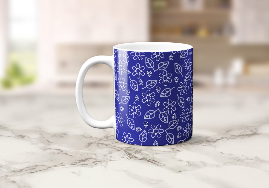 Blue with White Folk Art Design Mug, Tea Coffee Cup