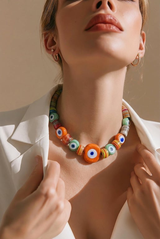 Turkish Glass Evil Eye Boho Necklace Adjustable Cord Handmade Glass Beads