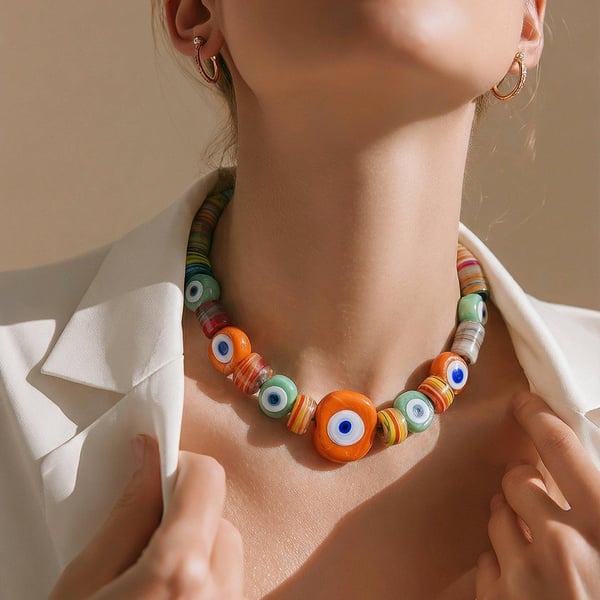 Turkish Glass Evil Eye Boho Necklace Adjustable Cord Handmade Glass Beads
