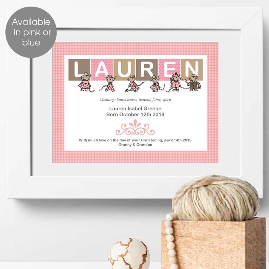 Personalised Meaning of Name Mouse Print, christening gift for new baby