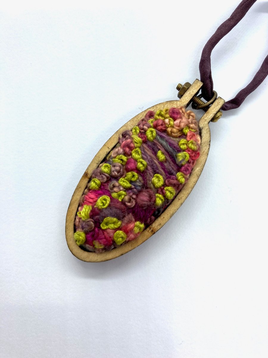 Hand Embroidered Autumn Oval Pendant Necklace