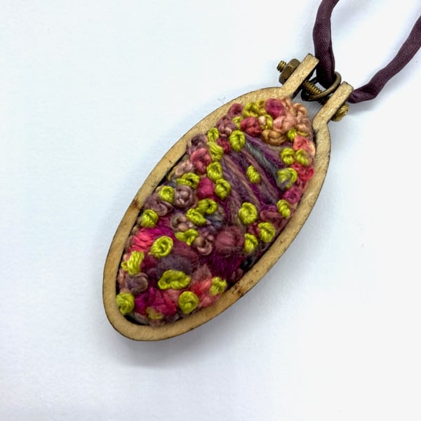Hand Embroidered Autumn Oval Pendant Necklace