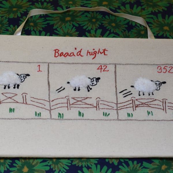 Counting sheep hand embroidered picture.