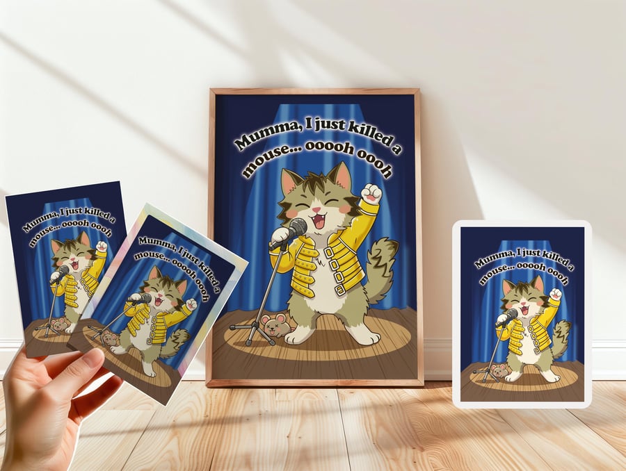 Freddie Mercury Cat Print, Mumma I Just Killed A Mouse Parody, Hand-Drawn Music 